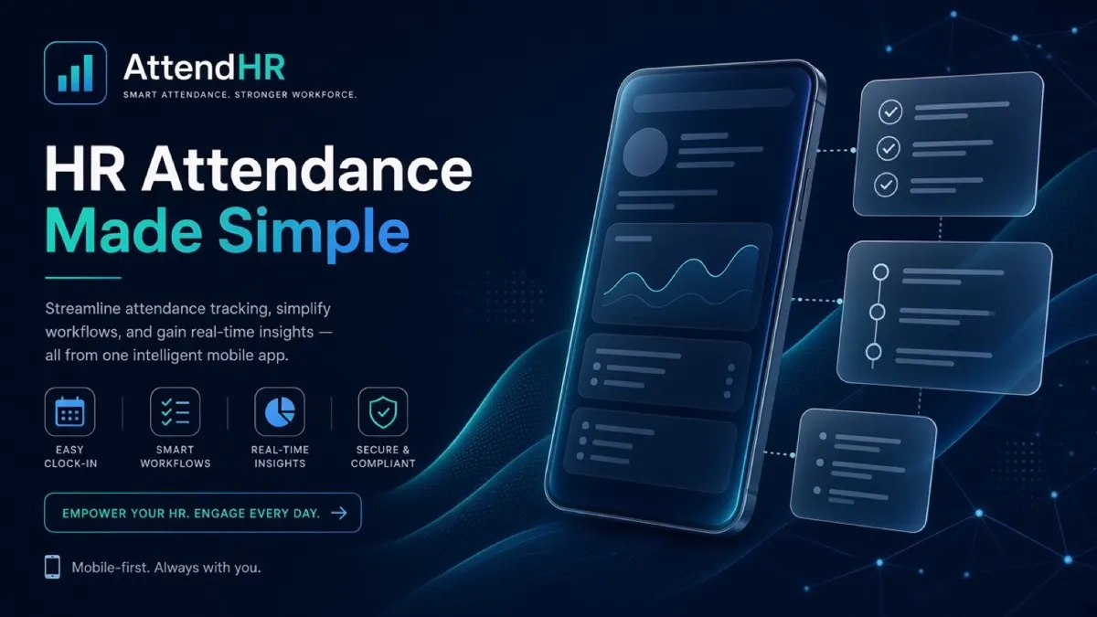 Professional marketing poster for Manager HR Mobile Application (dummy visual — real screenshots pending)
